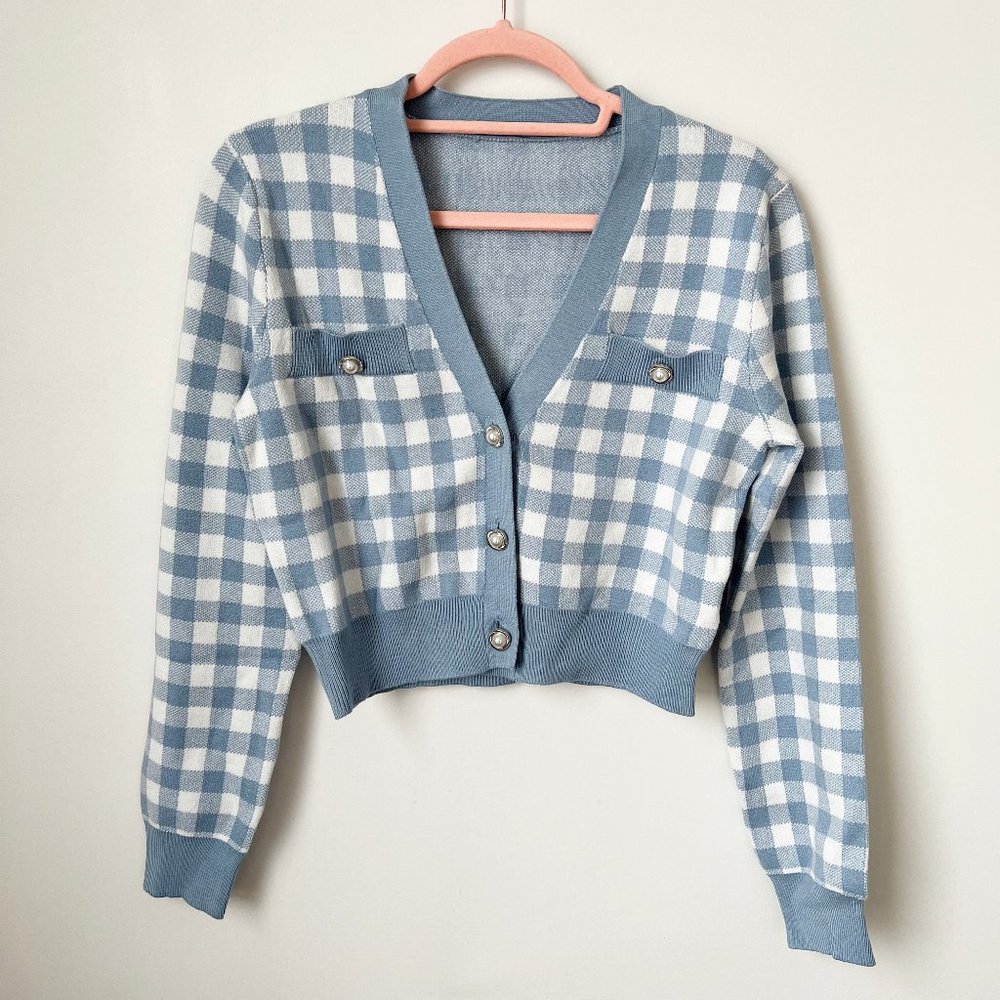 SHEIN Gingham Pattern Button Front Crop Cardigan Blue - Picture 1 of 5